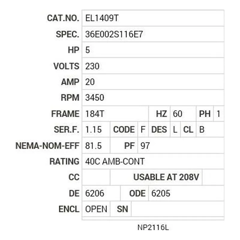 EL1409T Baldor 5 HP, 3450 RPM, 1 PH, 60 HZ, 184T, 3634LC, OPEN, F1 Motor Nameplate - view 2