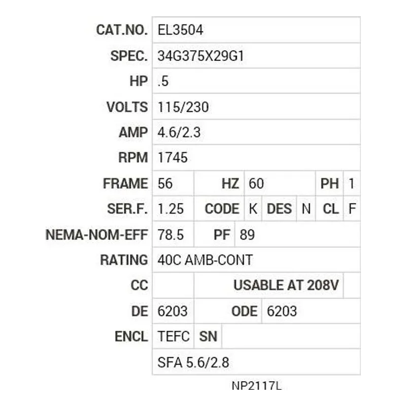 EL3504 Baldor .5 HP, 1745 RPM, 1 PH, 60 HZ, 56, 3424LC, TEFC, F1 Motor Nameplate - view 2