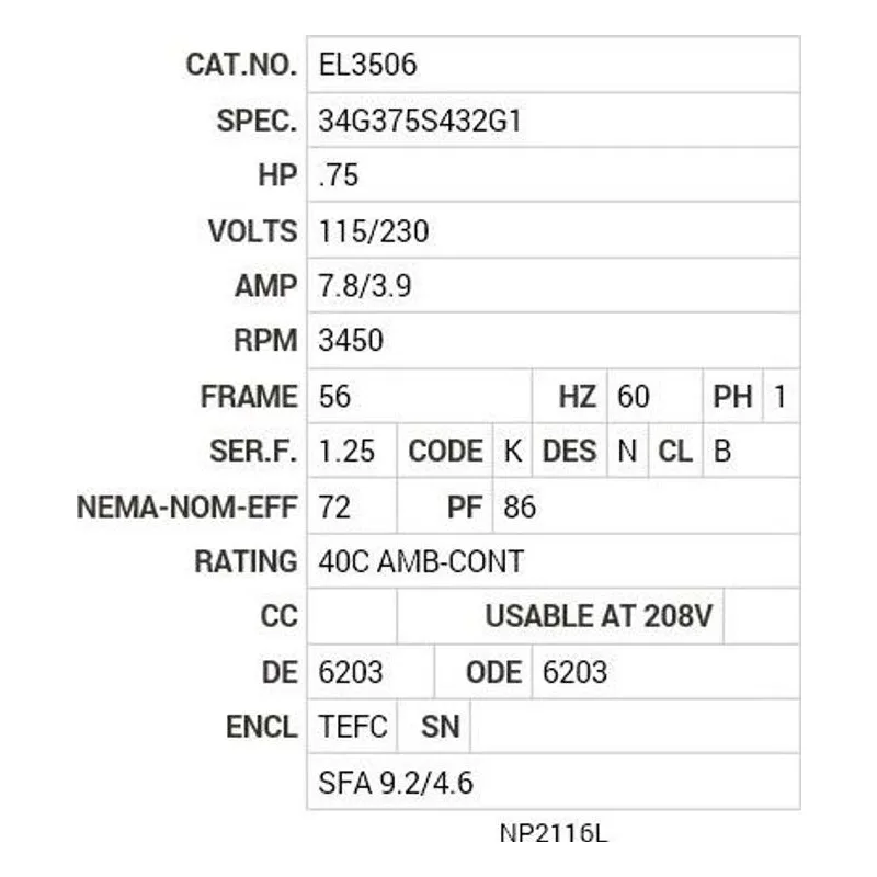 EL3506 Baldor .75 HP, 3450 RPM, 1 PH, 60 HZ, 56, 3424LC, TEFC, F1 Motor Nameplate - view 2