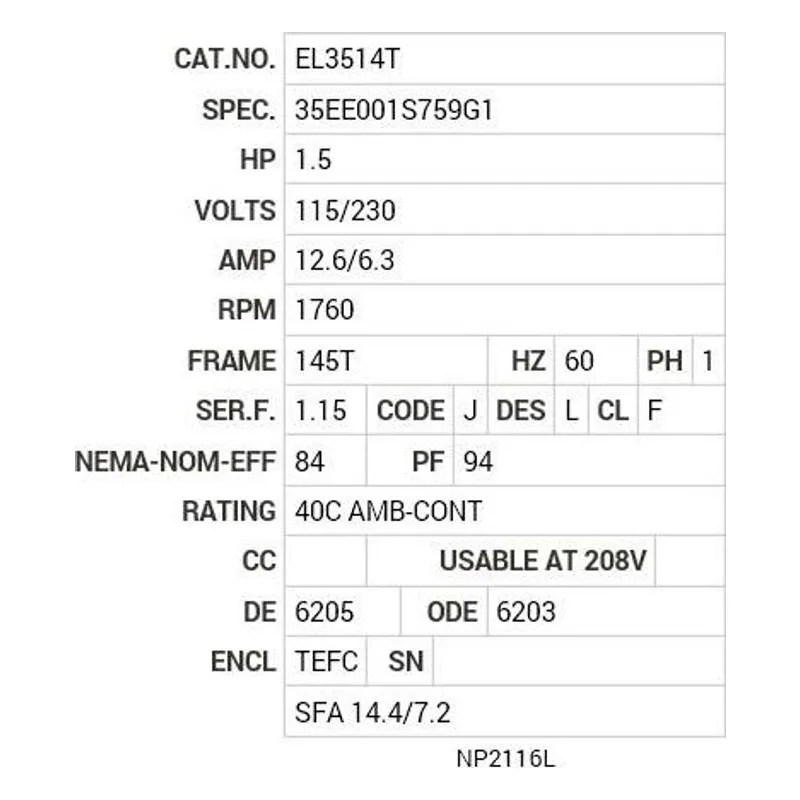 EL3514T Baldor 1.5 HP, 1760 RPM, 1 PH, 60 HZ, 145T, 3540LC, TEFC Motor Nameplate - view 2