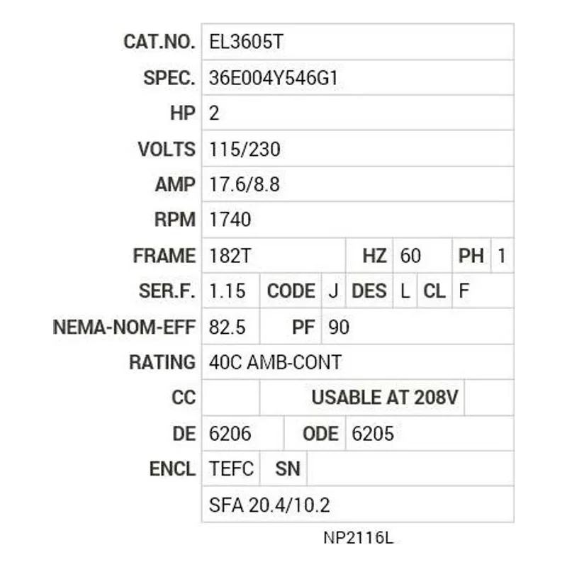 EL3605T Baldor 2 HP, 1740 RPM, 1 PH, 60 HZ, 184T, 3623LC, TEFC, F1 Motor Nameplate - view 2