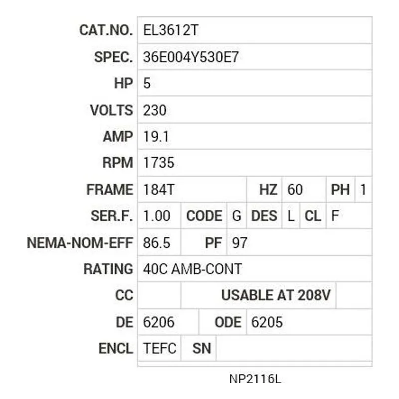 EL3612T Baldor 5 HP, 1735 RPM, 1 PH, 60 HZ, 184T, 3646LC, TEFC, F1 Motor Nameplate - view 2