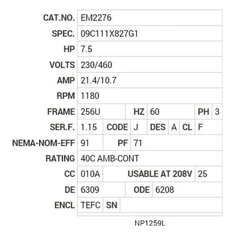EM2276 Baldor 7.5 HP, 1180 RPM, 3 PH, 60 HZ, 256U, 0954M, TEFC, F Motor Nameplate - view 2