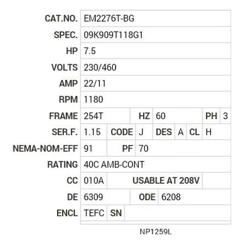 EM2276T-BG Baldor 7.5 HP, 1180 RPM, 3 PH, 60 HZ, 254T, 0954M, TEFC, F Motor Nameplate - view 2