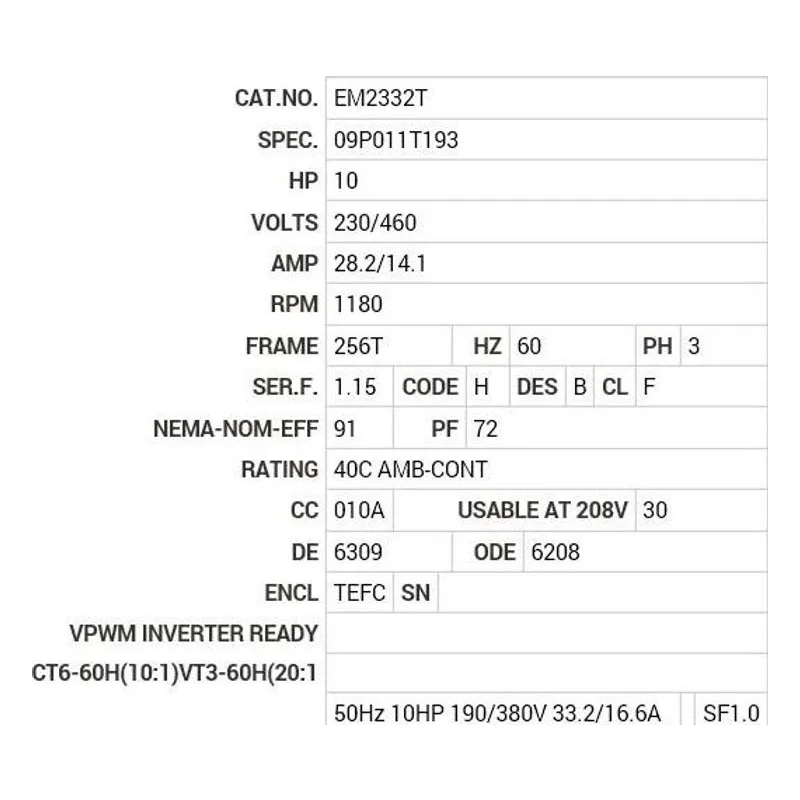 EM2332T Baldor 10 HP, 1180 RPM, 3 PH, 60 HZ, 256T, 0960M, TEFC, F1 Motor Nameplate - view 2