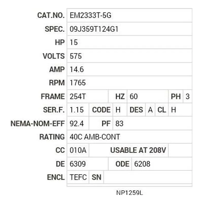 EM2333T-5G Baldor 15 HP, 1765 RPM, 3 PH, 60 HZ, 254T, 0944M, TEFC, F1 Motor Nameplate - view 2