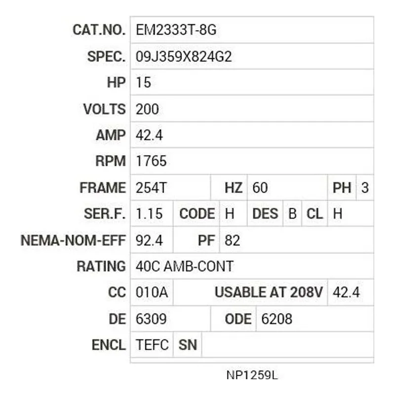 EM2333T-8G Baldor 15 HP, 1765 RPM, 3 PH, 60 HZ, 254T, 0936M, TEFC, F1 Motor Nameplate - view 2