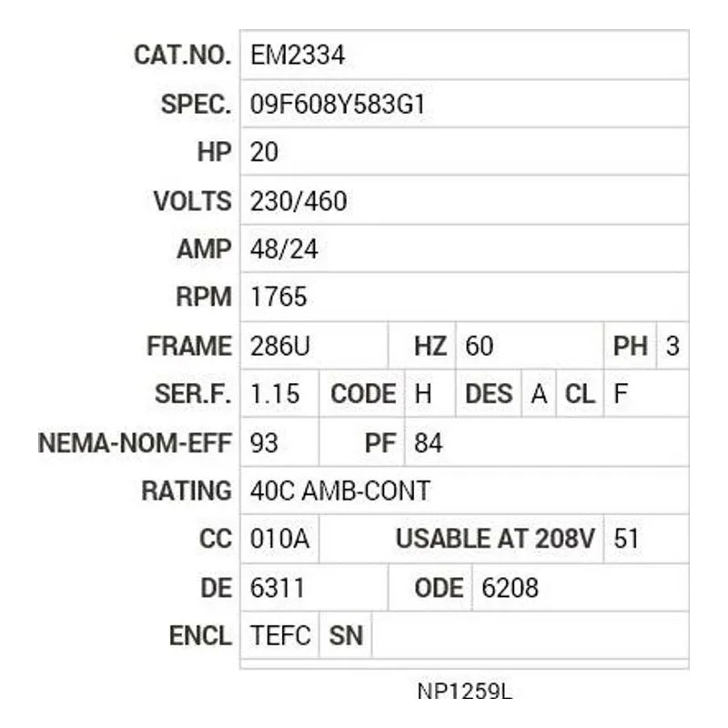 EM2334 Baldor 20 HP, 1765 RPM, 3 PH, 60 HZ, 286U, 0952M, TEFC, F1 Motor Nameplate - view 2