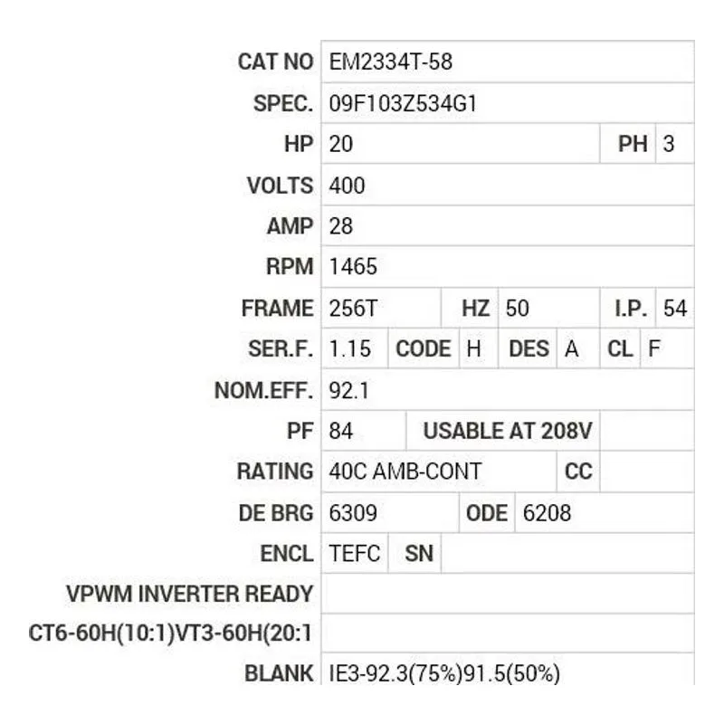 EM2334T-58 Baldor 20 HP, 1465 RPM, 3 PH, 50 HZ, 256T, 0956M, TEFC, F1 Motor Nameplate - view 2