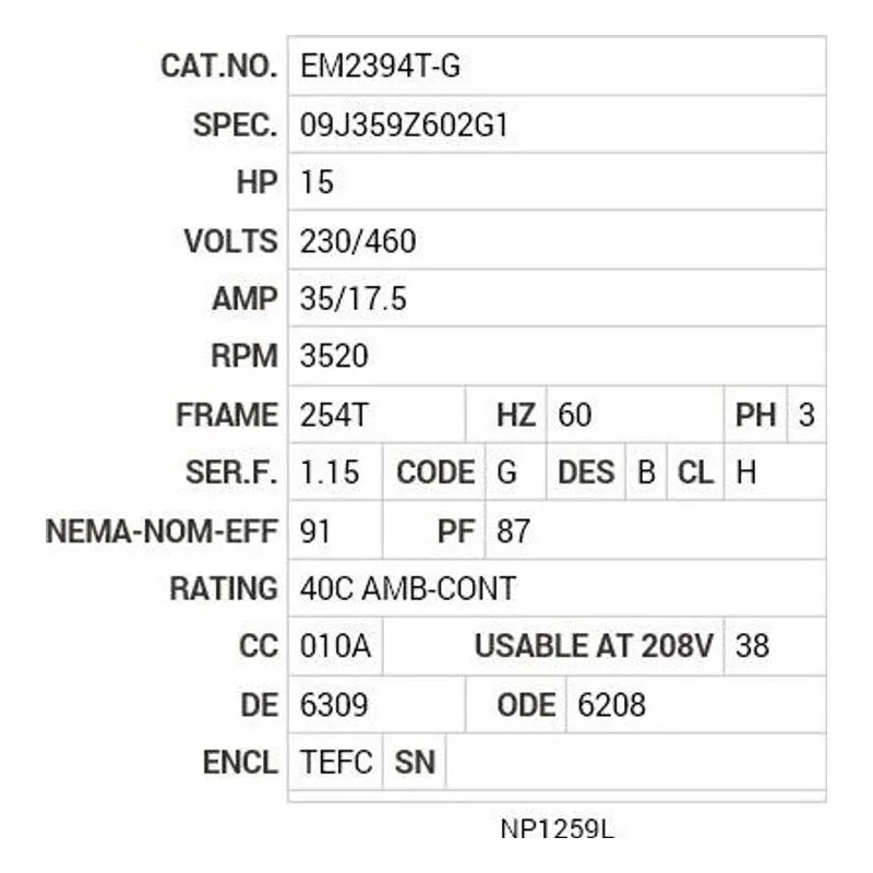 EM2394T-G Baldor 15 HP, 3520 RPM, 3 PH, 60 HZ, 254T, 0930M, TEFC, F1 Motor Nameplate - view 2