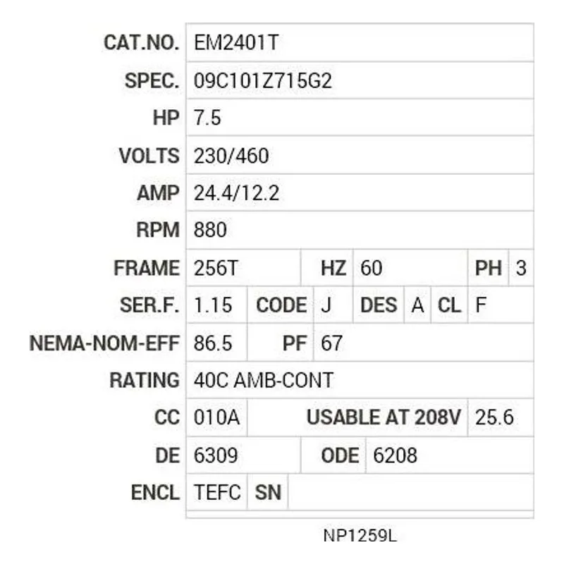 EM2401T Baldor 7.5 HP, 880 RPM, 3 PH, 60 HZ, 256T, 0960M, TEFC, F1 Motor Nameplate - view 2