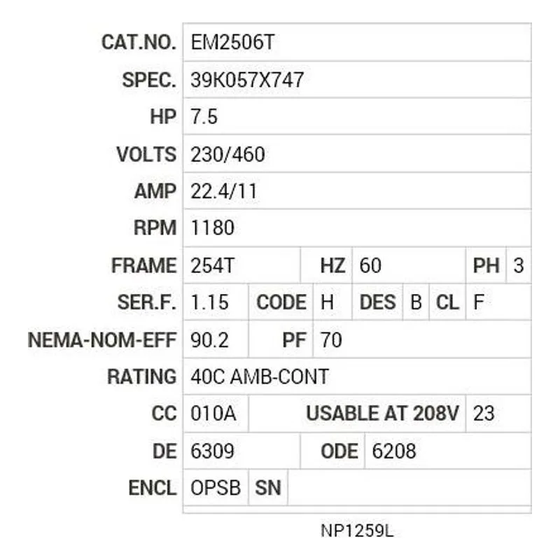 EM2506T Baldor 7.5 HP, 1180 RPM, 3 PH, 60 HZ, 254T, 3950M, OPSB, F Motor Nameplate - view 2
