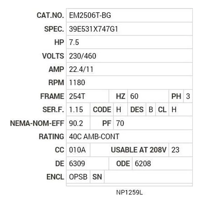 EM2506T-BG Baldor 7.5 HP, 1180 RPM, 3 PH, 60 HZ, 254T, 3950M, OPSB, F Motor Nameplate - view 2