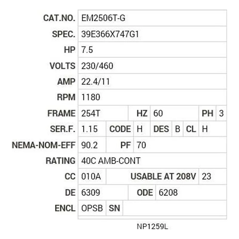 EM2506T-G Baldor 7.5 HP, 1180 RPM, 3 PH, 60 HZ, 254T, 3950M, OPSB, F Motor Nameplate - view 2