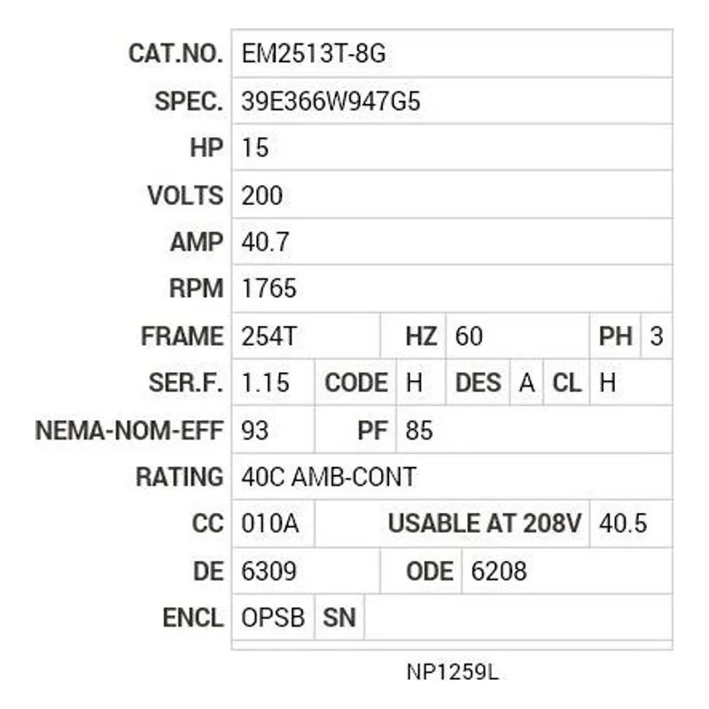 EM2513T-8G Baldor 15 HP, 1765 RPM, 3 PH, 60 HZ, 254T, 3938M, OPSB, F1 Motor Nameplate - view 2
