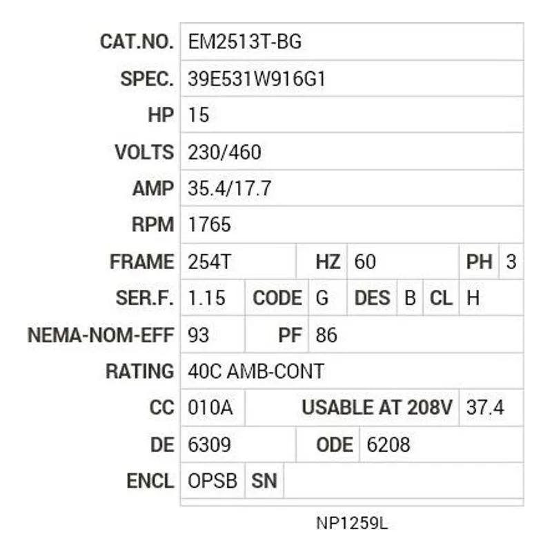 EM2513T-BG Baldor 15 HP, 1765 RPM, 3 PH, 60 HZ, 254T, 3938M, OPSB, F1 Motor Nameplate - view 2