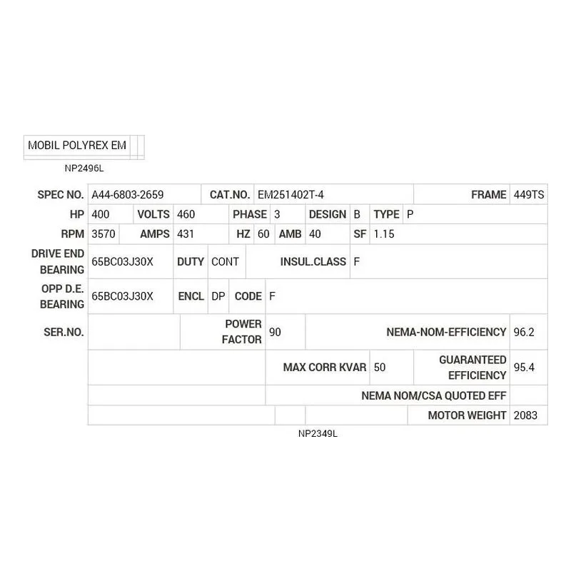 EM251402T-4 Baldor 400 HP, 3570 RPM, 3 PH, 60 HZ, 449TS, A44112M, DP Motor Nameplate - view 2