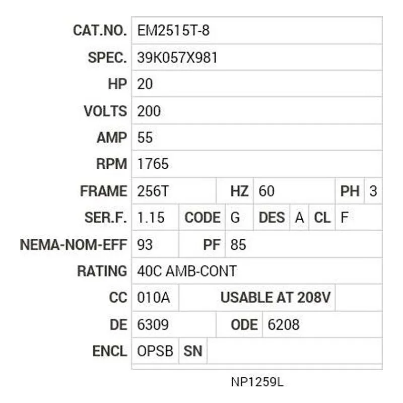 EM2515T-8 Baldor 20 HP, 1765 RPM, 3 PH, 60 HZ, 256T, 3948M, OPSB, F1 Motor Nameplate - view 2