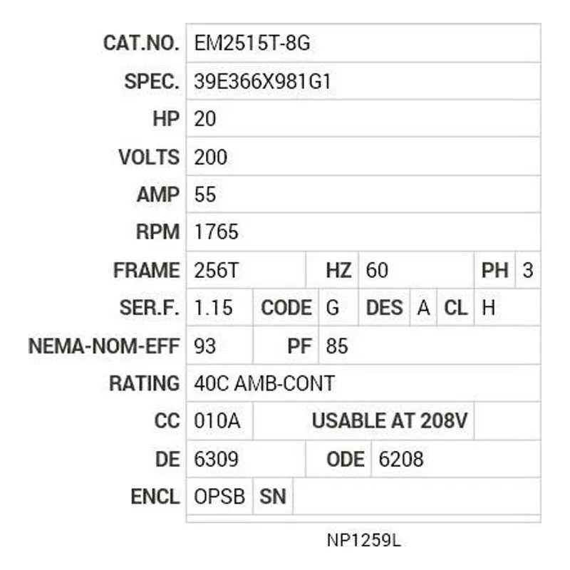 EM2515T-8G Baldor 20 HP, 1765 RPM, 3 PH, 60 HZ, 256T, 3948M, OPSB, F1 Motor Nameplate - view 2