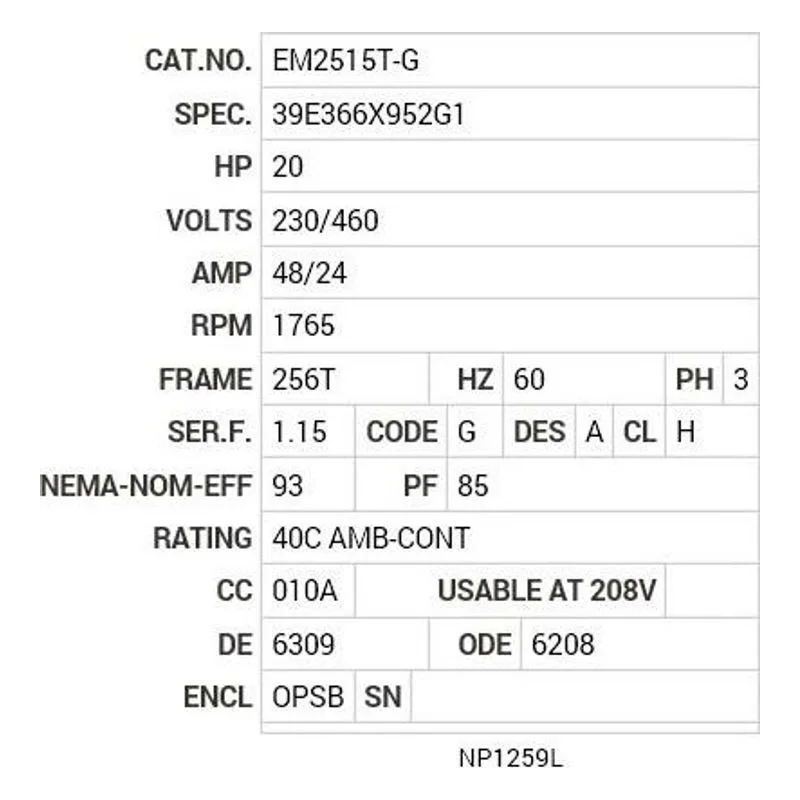 EM2515T-G Baldor 20 HP, 1765 RPM, 3 PH, 60 HZ, 256T, 3948M, OPSB, F1 Motor Nameplate - view 2
