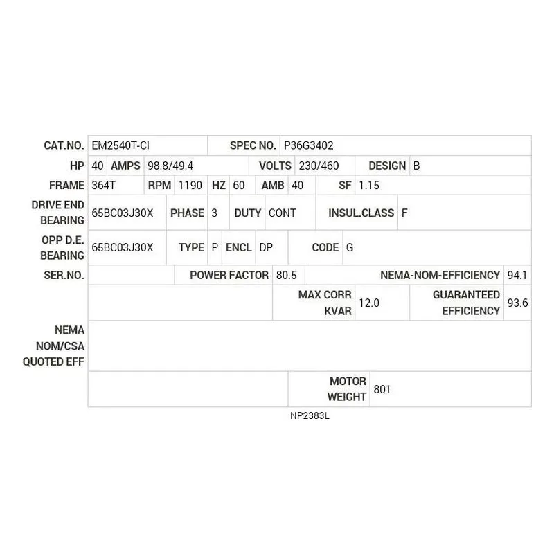 EM2540T-CI Baldor 40 HP, 1185 RPM, 3 PH, 60 HZ, 364T, 1458M, OPEN, F1 Motor Nameplate - view 2