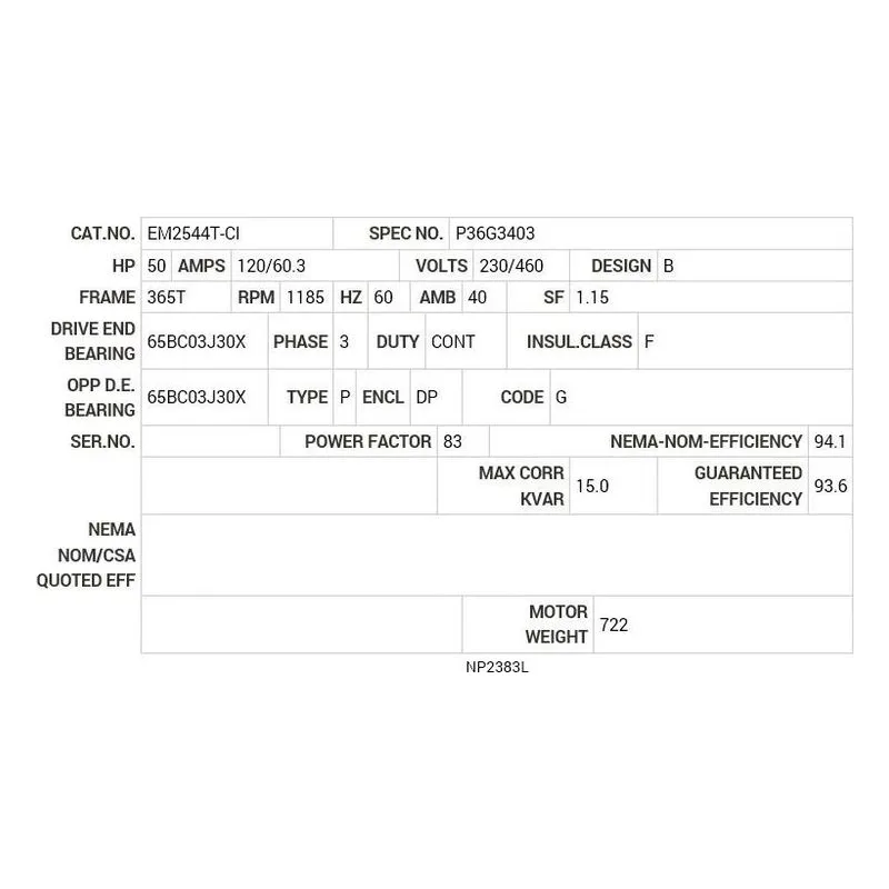 EM2544T-CI Baldor 50 HP, 1185 RPM, 3 PH, 60 HZ, 365T, 1466M, OPEN, F1 Motor Nameplate - view 2