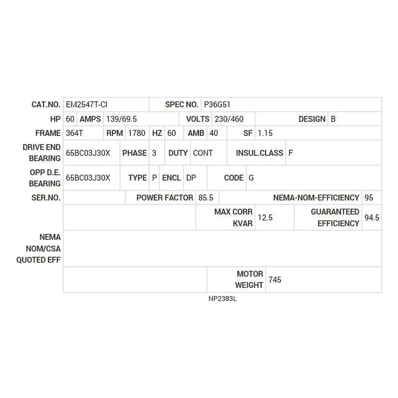 EM2547T-CI Baldor 60 HP, 1780 RPM, 3 PH, 60 HZ, 364T, ODP, FOOT,  Motor Nameplate - view 2