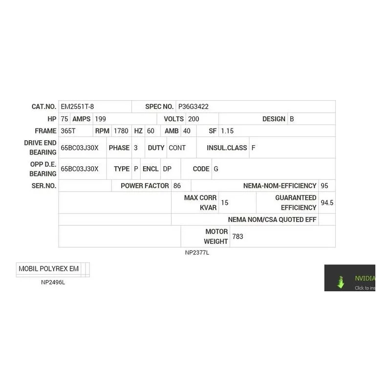 EM2551T-8 Baldor 75 HP, 1780 RPM, 3 PH, 60 HZ, 365T, A36056M, DP, F1 Motor Nameplate - view 2