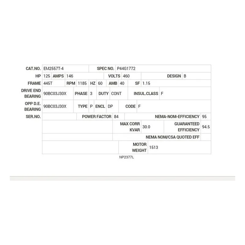 EM2557T-4 Baldor 125 HP, 1190 RPM, 3 PH, 60 HZ, 445T, 1884M, OPEN Motor Nameplate - view 2