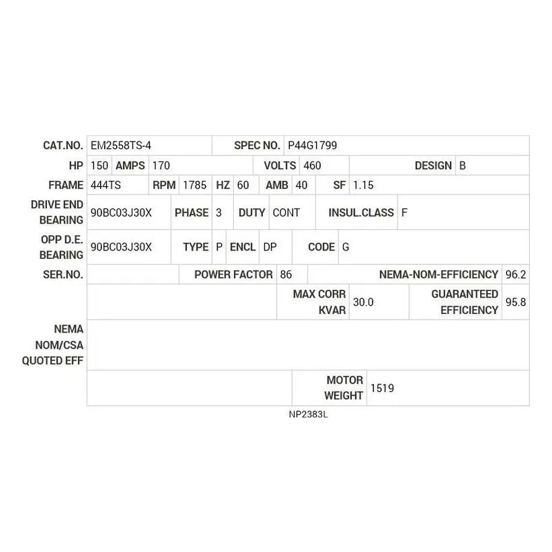 EM2558TS-4 Baldor 150 HP, 1785 RPM, 3 PH, 60 HZ, 444TS, A44062M, ODP Motor Nameplate - view 2