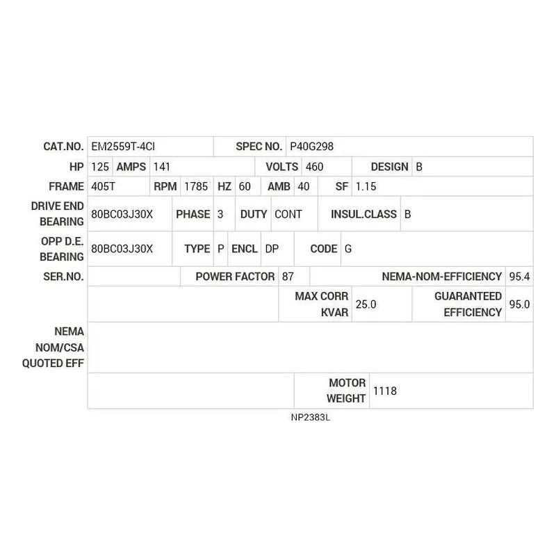 EM2559T-4CI Baldor 125 HP, 1785 RPM, 3 PH, 60 HZ, 405T, ODP, FOOT,  Motor Nameplate - view 2
