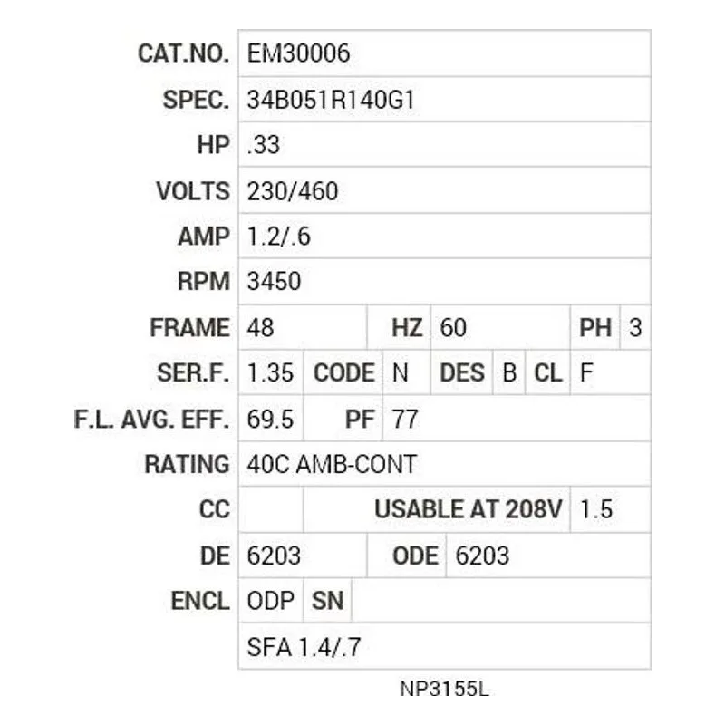 EM30006 Baldor .33 HP, 3450 RPM, 3 PH, 60 HZ, 48, 3413M, ODP, F1, N Motor Nameplate - view 2