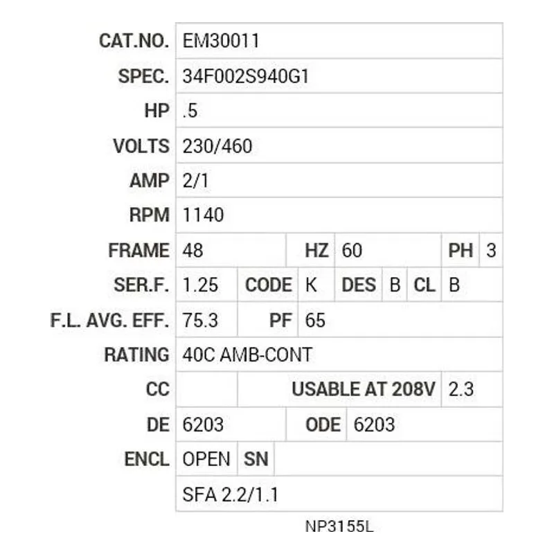 EM30011 Baldor .5 HP, 1140 RPM, 3 PH, 60 HZ, 48, 3428M, OPEN, F1, N Motor Nameplate - view 2