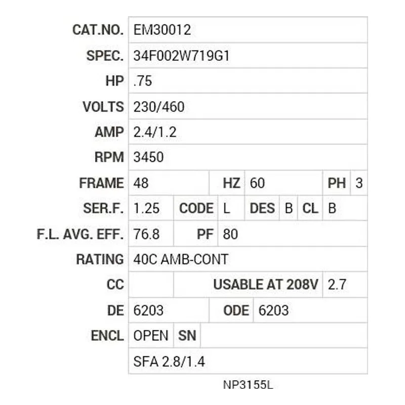 EM30012 Baldor .75 HP, 3450 RPM, 3 PH, 60 HZ, 48, 3416M, OPEN, F1 Motor Nameplate - view 2
