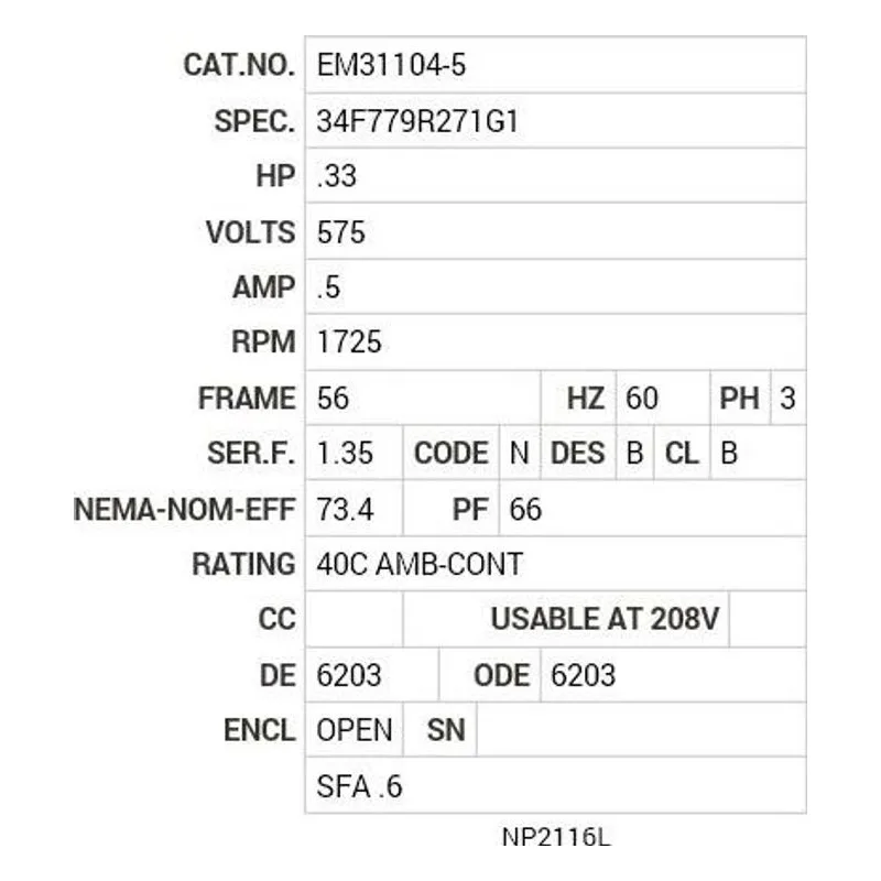 EM31104-5 Baldor .33 HP, 1725 RPM, 3 PH, 60 HZ, 56, 3416M, OPEN, F1 Motor Nameplate - view 2