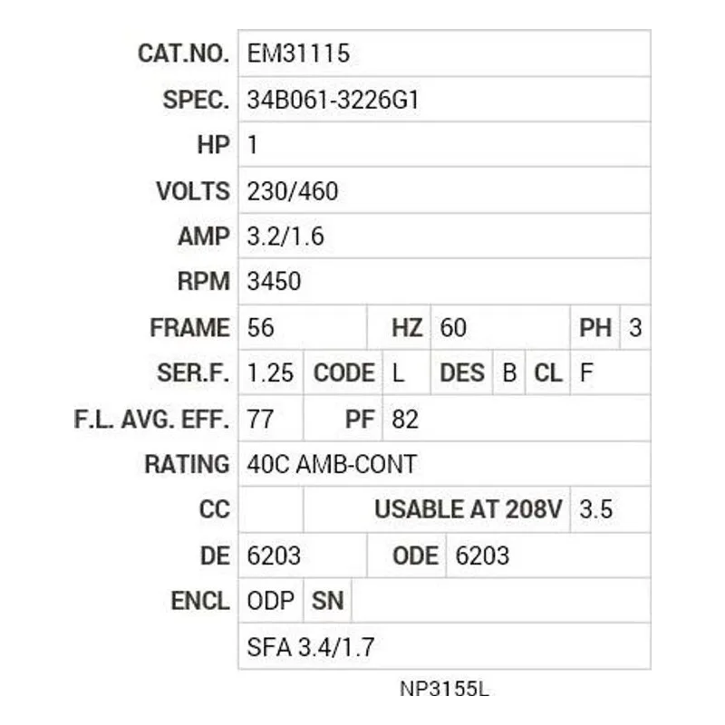 EM31115 Baldor 1 HP, 3450 RPM, 3 PH, 60 HZ, 56, 3420M, ODP, F1, N Motor Nameplate - view 2