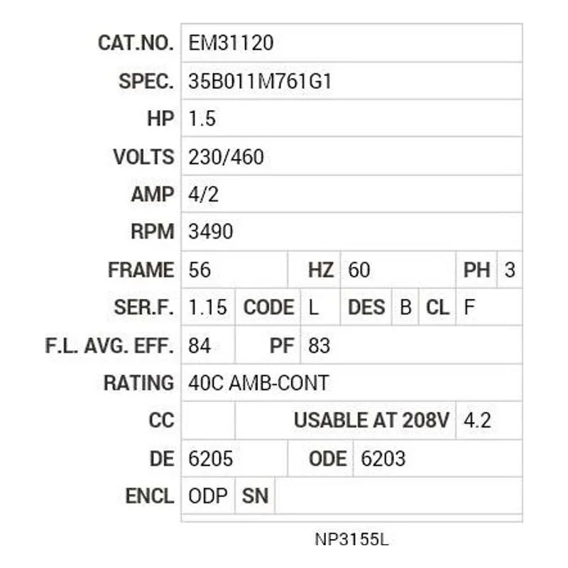 EM31120 Baldor 1.5 HP, 3490 RPM, 3 PH, 60 HZ, 56, 3518M, ODP, F1, N Motor Nameplate - view 2