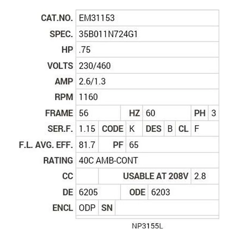 EM31153 Baldor .75 HP, 1160 RPM, 3 PH, 60 HZ, 56, 3524M, ODP, F1, N Motor Nameplate - view 2