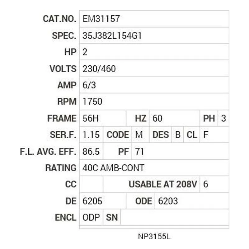 EM31157 Baldor 2 HP, 1750 RPM, 3 PH, 60 HZ, 56H, 3530M, ODP, F1, N Motor Nameplate - view 2