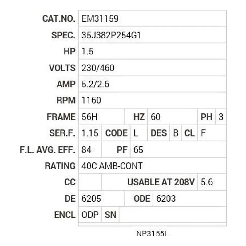 EM31159 Baldor 1.5 HP, 1160 RPM, 3 PH, 60 HZ, 56H, 3540M, ODP, F1 Motor Nameplate - view 2