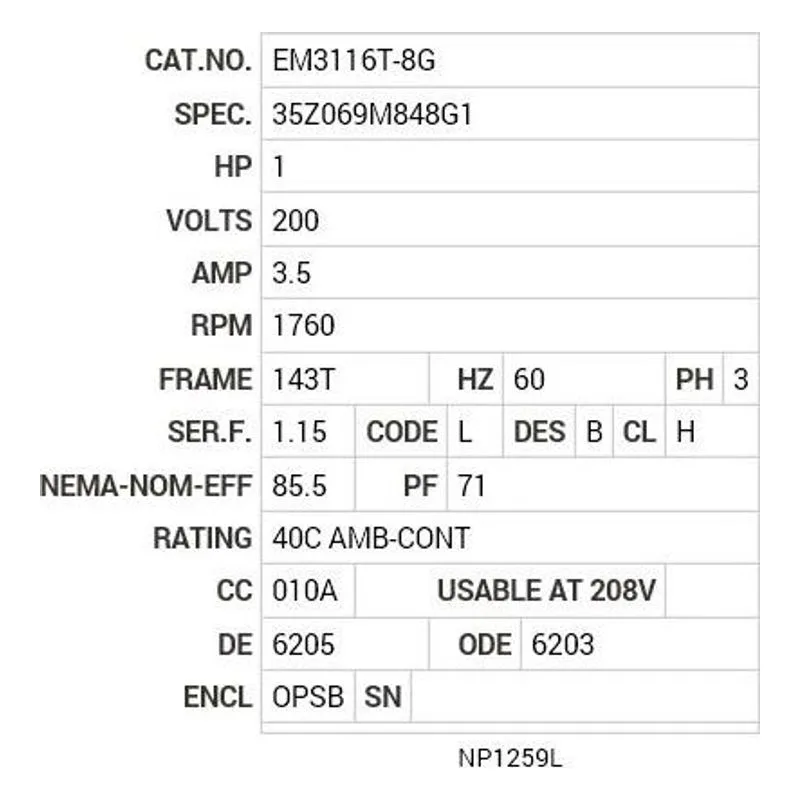 EM3116T-8G Baldor 1 HP, 1760 RPM, 3 PH, 60 HZ, 143T, 3519M, OPSB, F1 Motor Nameplate - view 2