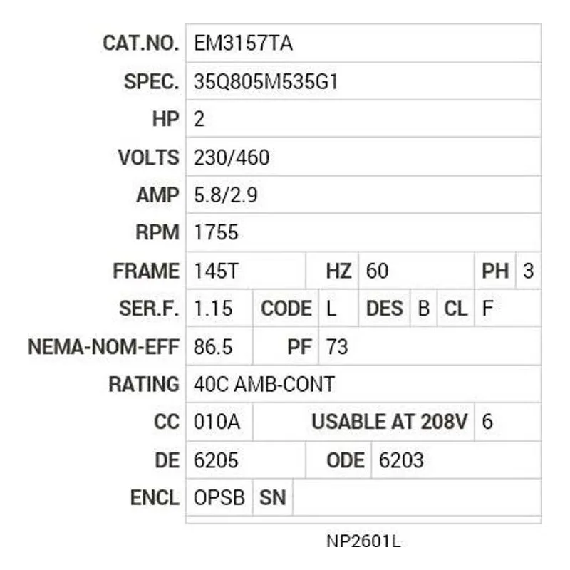 EM3157TA Baldor 2 HP, 1725 RPM, 3 PH, 60 HZ, 145TY, OPSB Motor Nameplate - view 2
