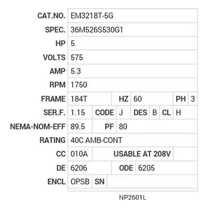 EM3218T-5G Baldor 5 HP, 1750 RPM, 3 PH, 60 HZ, 184T, 3640M, OPSB, F1 Motor Nameplate - view 2