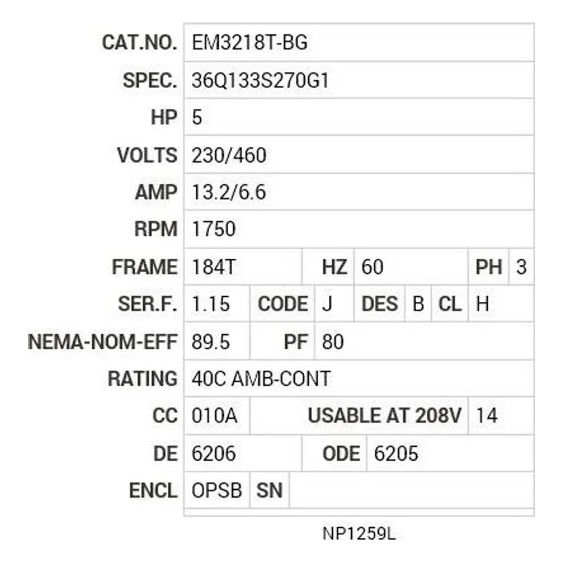 EM3218T-BG Baldor 5 HP, 1750 RPM, 3 PH, 60 HZ, 184T, 3640M, OPSB, F1 Motor Nameplate - view 2
