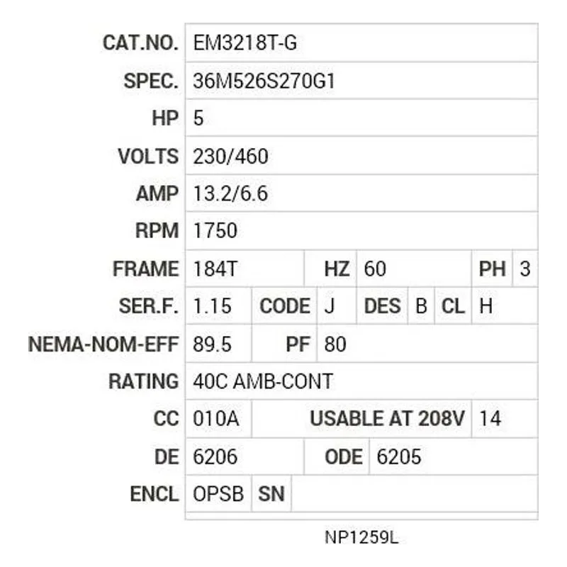 EM3218T-G Baldor 5 HP, 1750 RPM, 3 PH, 60 HZ, 184T, 3640M, OPSB, F1 Motor Nameplate - view 2