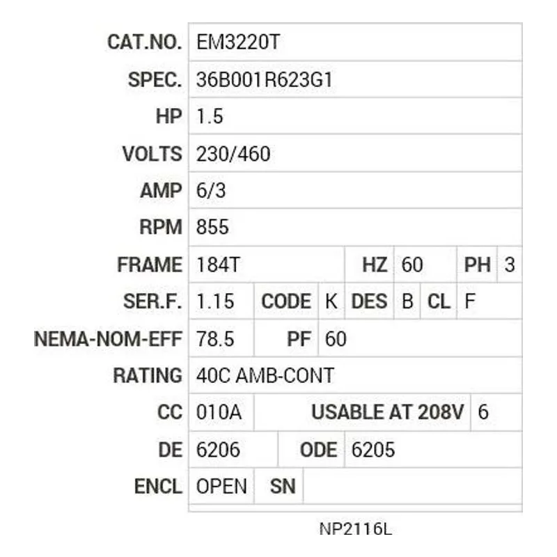 EM3220T Baldor 1.5 HP, 855 RPM, 3 PH, 60 HZ, 184T, 3643M, OPEN, F1 Motor Nameplate - view 2