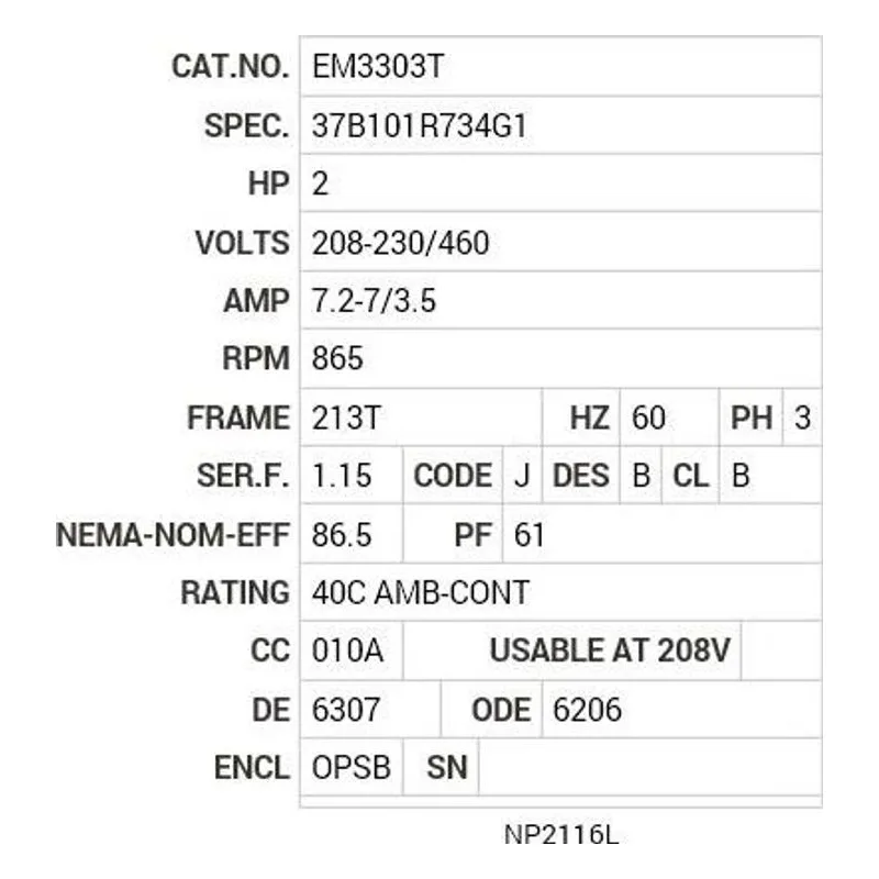 EM3303T Baldor 2 HP, 865 RPM, 3 PH, 60 HZ, 213T, 3744M, OPSB, F1, N Motor Nameplate - view 2