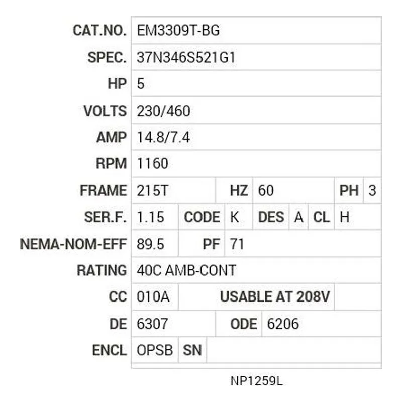 EM3309T-BG Baldor 5 HP, 1160 RPM, 3 PH, 60 HZ, 215T, 3744M, OPSB, F1 Motor Nameplate - view 2