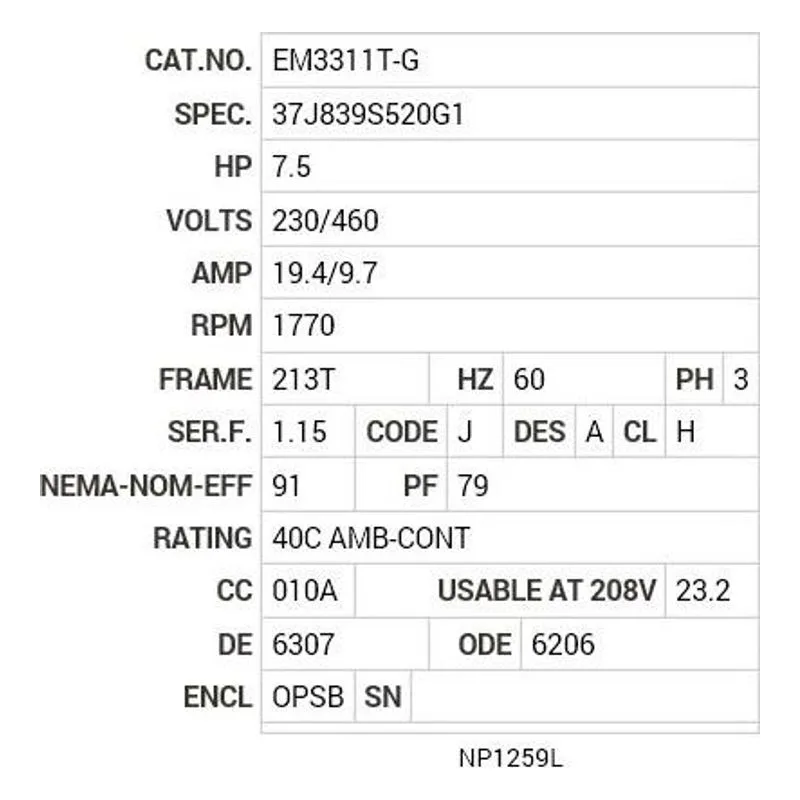 EM3311T-G Baldor 7.5 HP, 1770 RPM, 3 PH, 60 HZ, 213T, 3733M, OPSB, F Motor Nameplate - view 2
