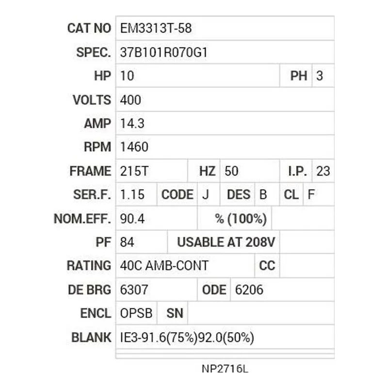 EM3313T-58 Baldor 10 HP, 1460 RPM, 3 PH, 50 HZ, 215T, 3752M, OPSB, F1 Motor Nameplate - view 2